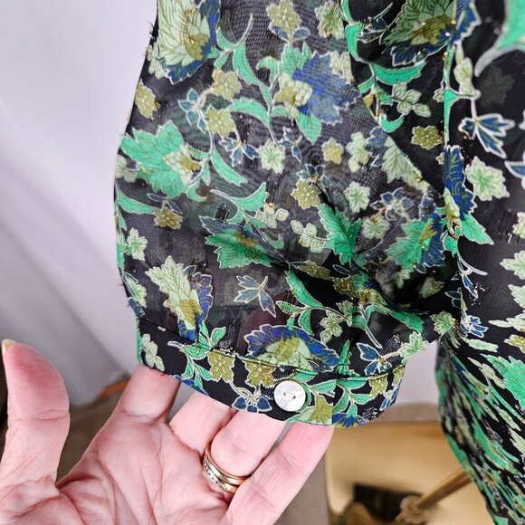 Rose + Olive Blouse XL Black Green Metallic Floral Sheer Pleated Boho - Picture 6 of 12